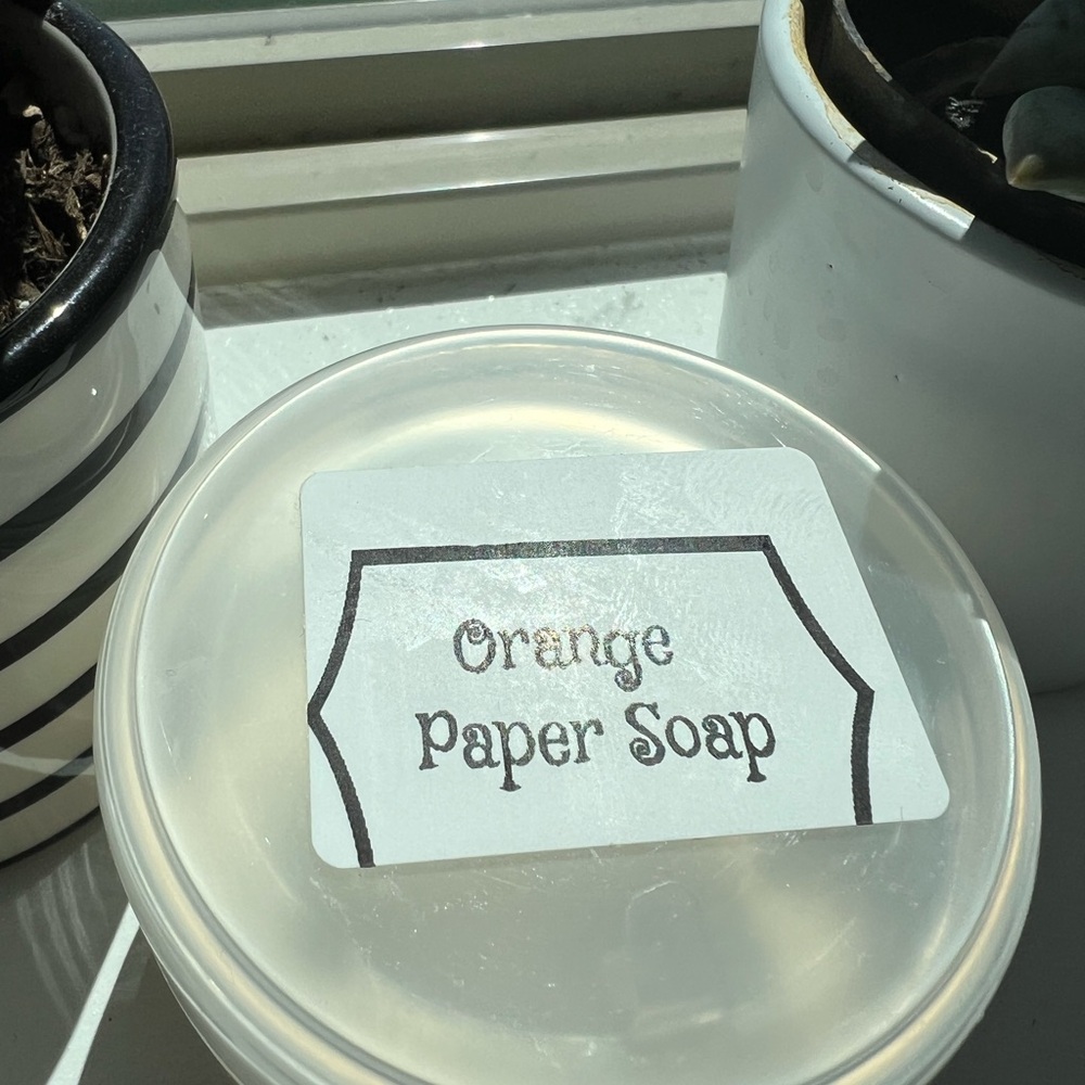 Orange Paper Soap in Clear Container Handcrafted PAPER Soap - Picture 5 of 5